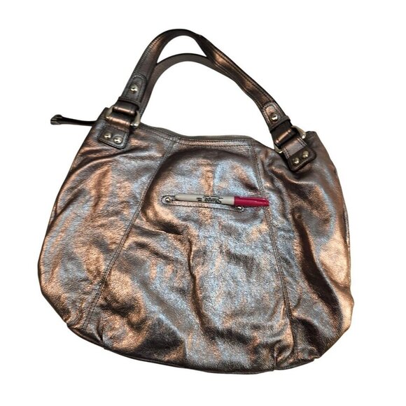 Metallic Silver B. Makowsky Genuine Leather Tote Shoulder Bag With Leopard Print - Picture 6 of 13